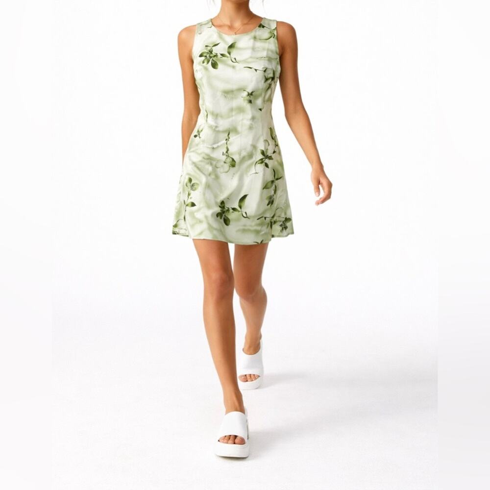 Vintage 90s Sage Green Floral Mini Dress Size 9